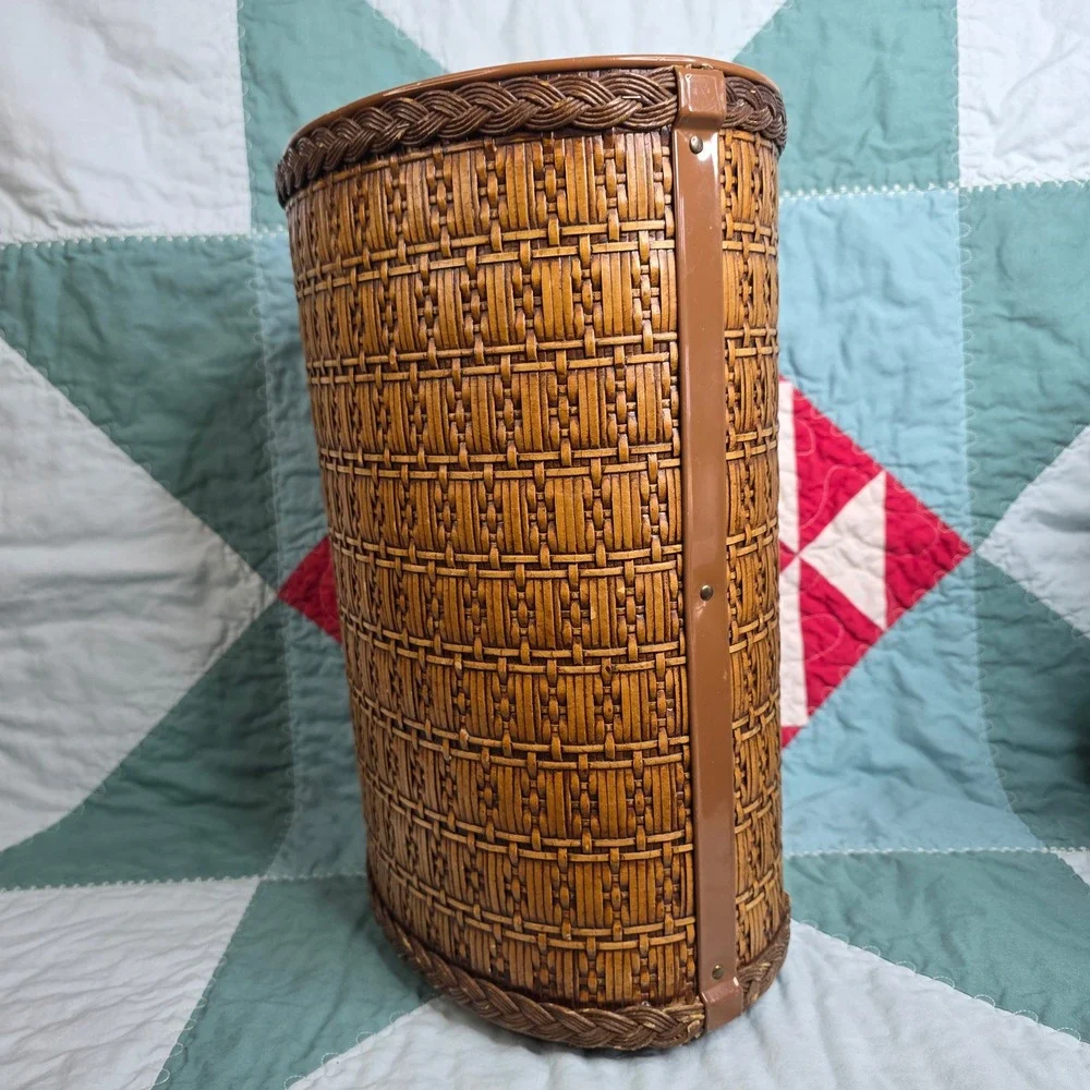 Vintage Faux Woven Wicker Metal Wastebasket Brown Trash Can Mid Century Decor